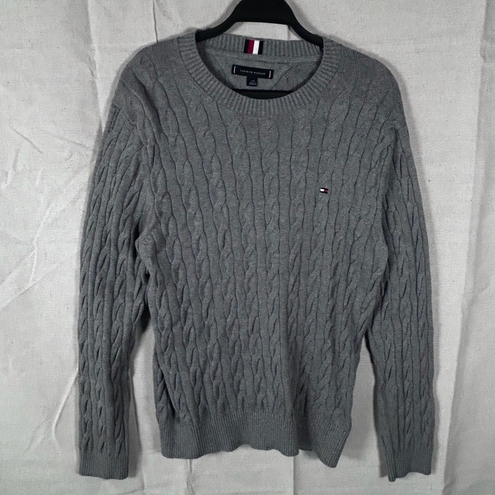 Tommy Hilfiger Mens Gray Cable Knit Crewneck Sweater Size Large Logo Cotton L